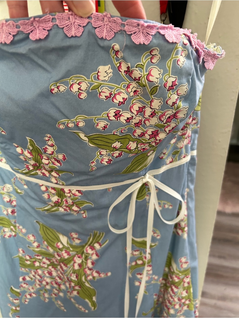 Blue Floral Strapless Sundress with Lace pink Trim